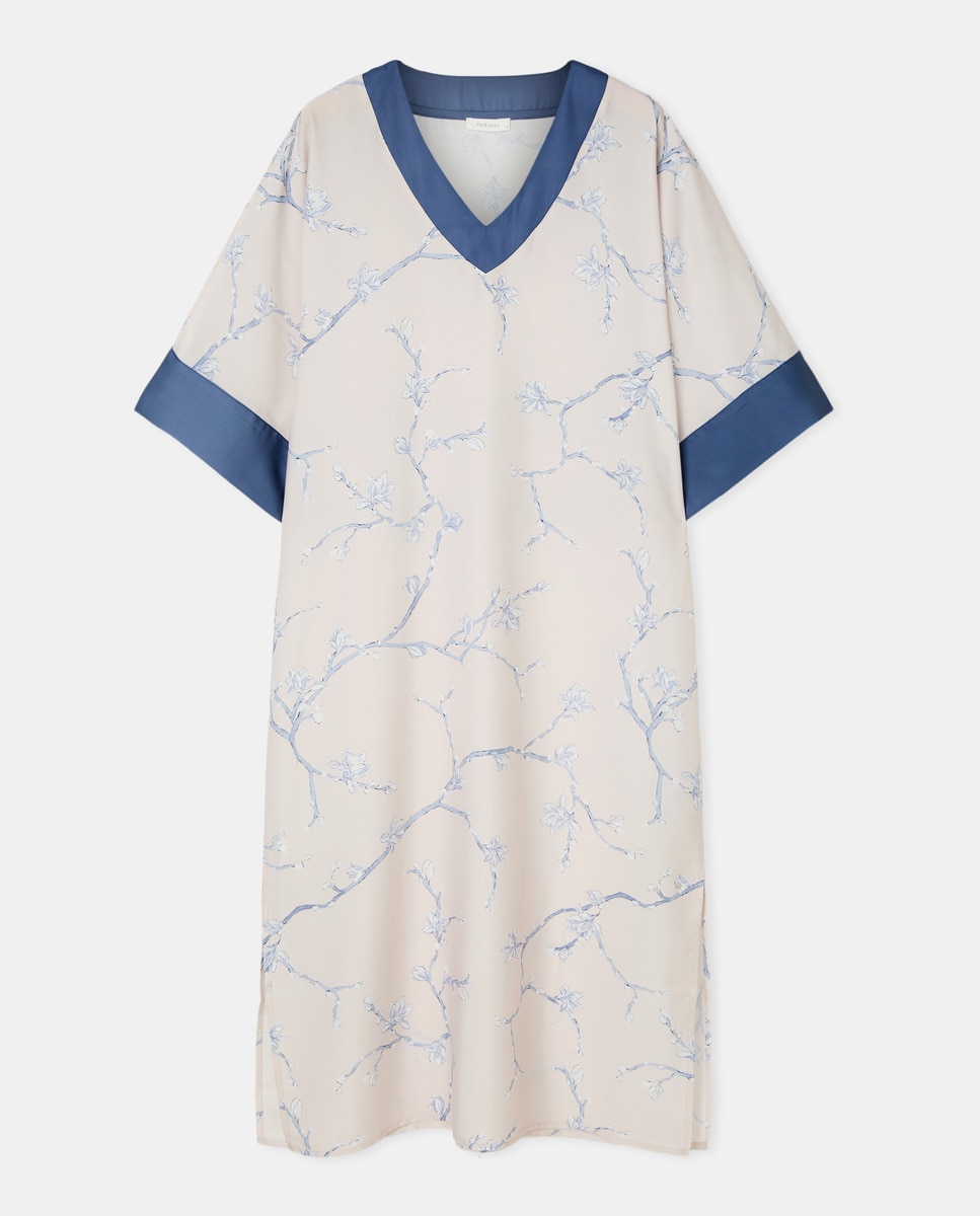 Camisa de Dormir de Cetim com Decote em Bico Azul-4