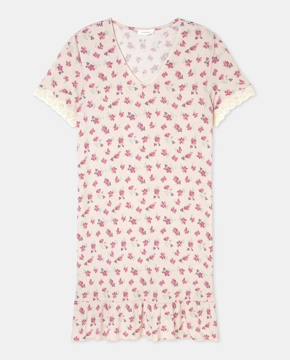 Camisa de Dormir Estampada com Decote em Bico e Folho na Parte Inferior Rosa-3