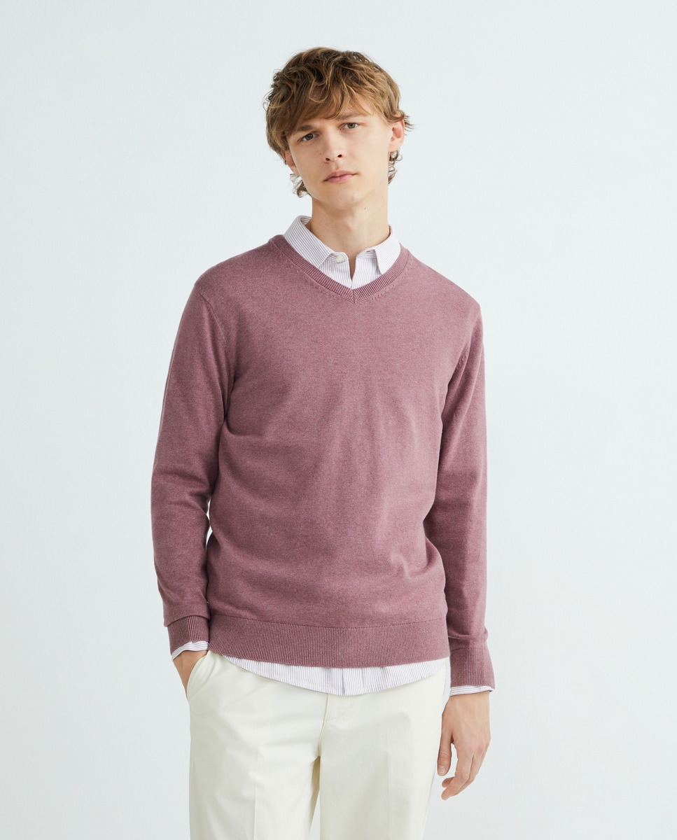 Jersey de hombre cuello pico liso algodón 100% Granate-2
