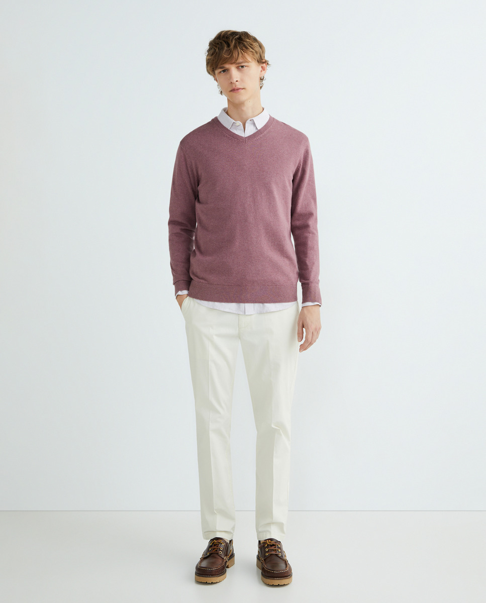 Jersey de hombre cuello pico liso algodón 100% Granate-1