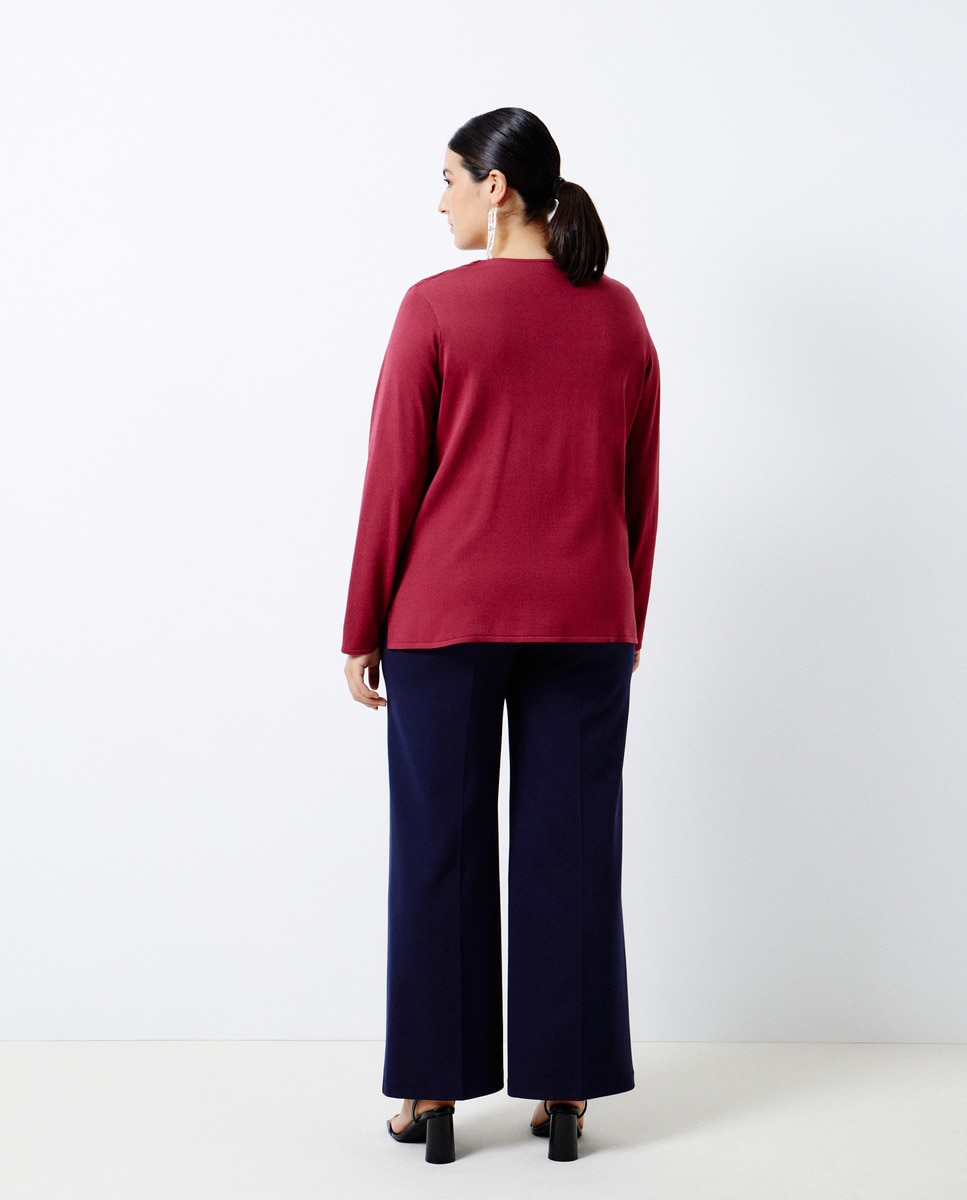 Camisola de Malha com Manga Comprida e Decote em Bico 230 Rosa Escuro-3