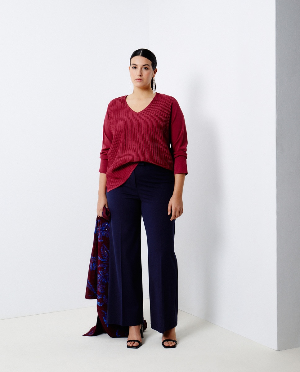 Camisola de Malha com Manga Comprida e Decote em Bico 230 Rosa Escuro-1