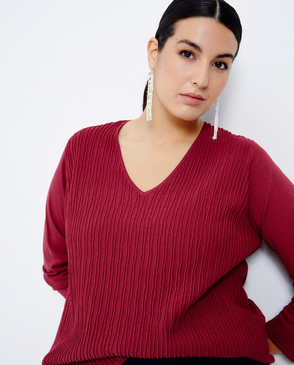Camisola de Malha com Manga Comprida e Decote em Bico 230 Rosa Escuro-2