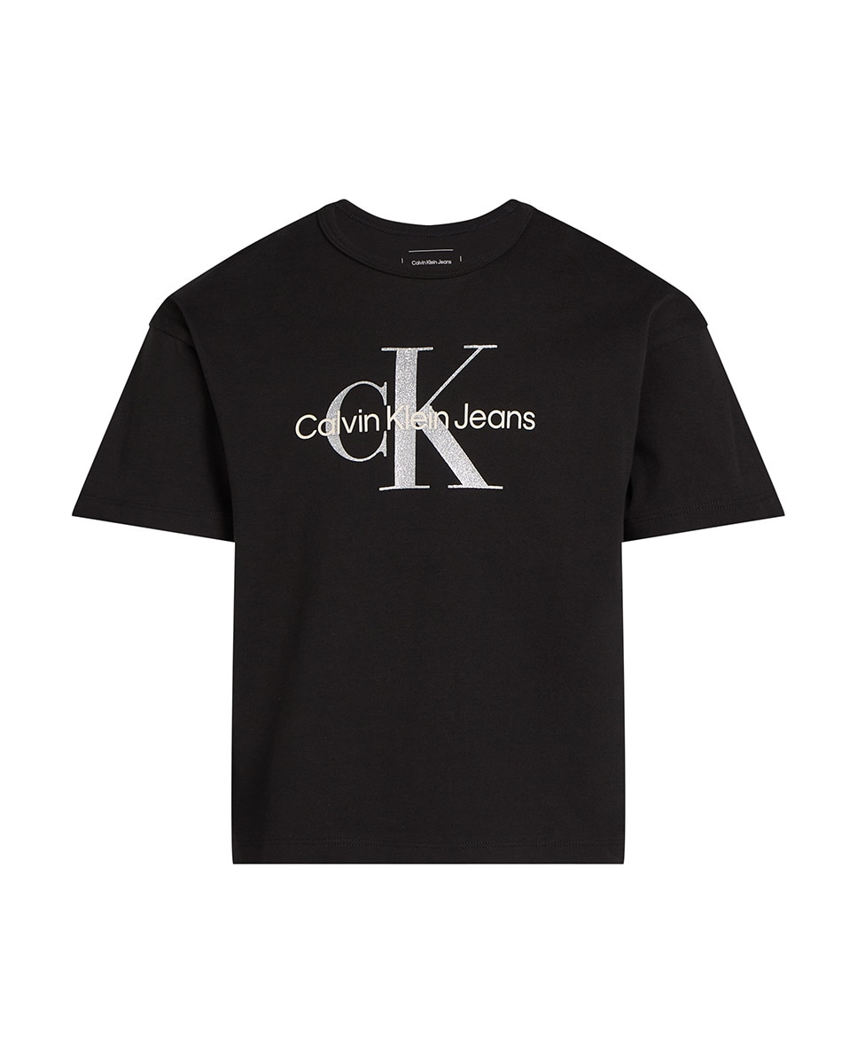 T-shirt de Manga Curta com Monograma em Glitter Preto-4