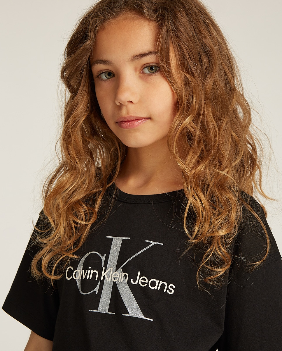 T-shirt de Manga Curta com Monograma em Glitter Preto-3