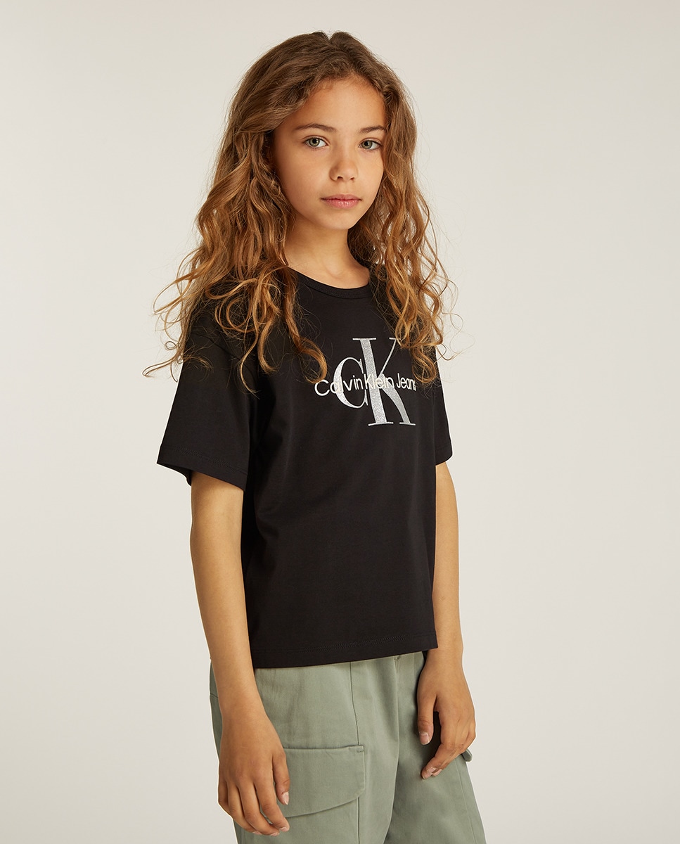 T-shirt de Manga Curta com Monograma em Glitter Preto-1