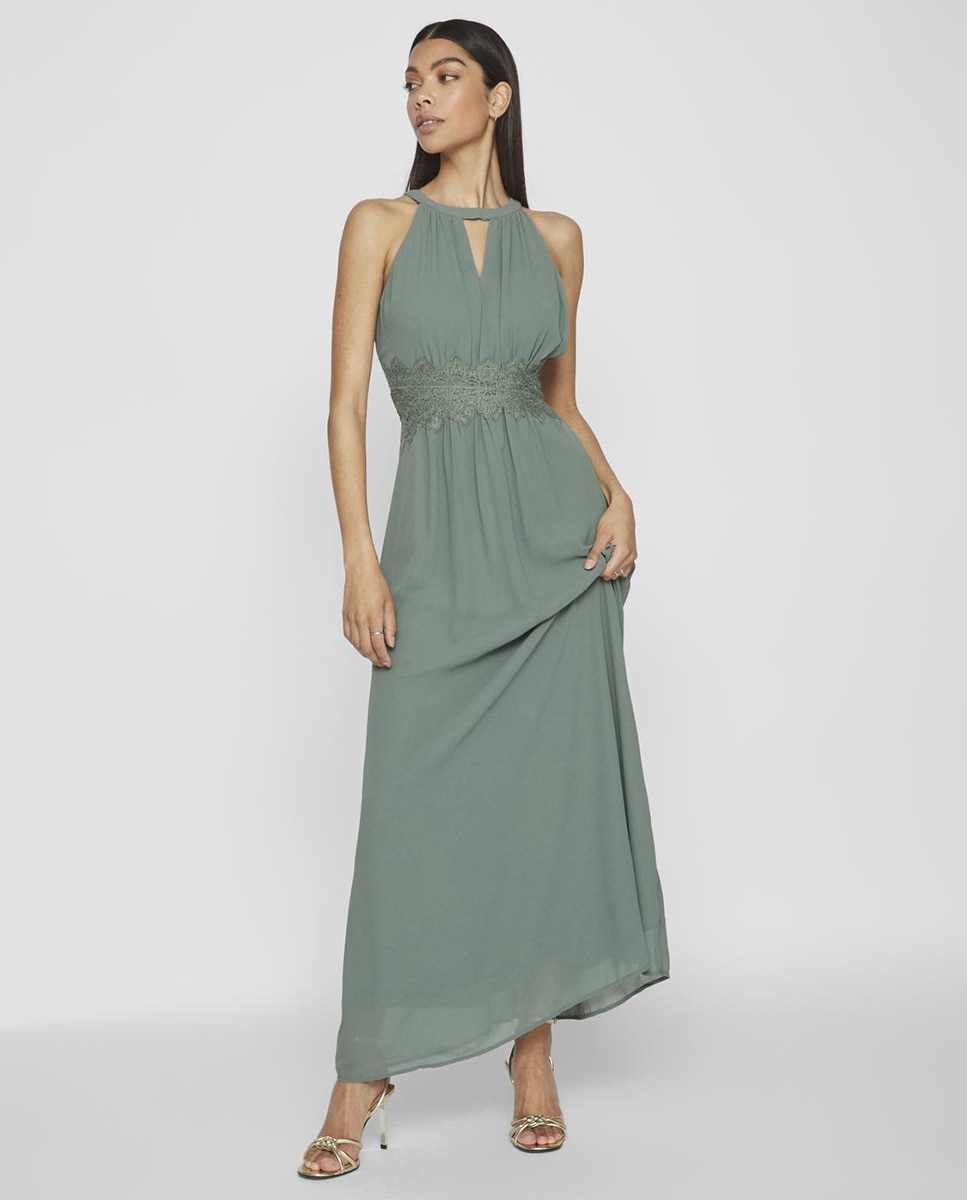 Vestido comprido com gola halter Musgo-3