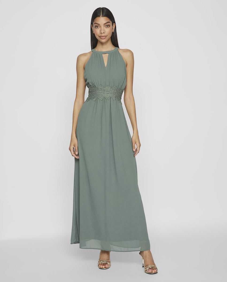 Vestido comprido com gola halter Musgo-1