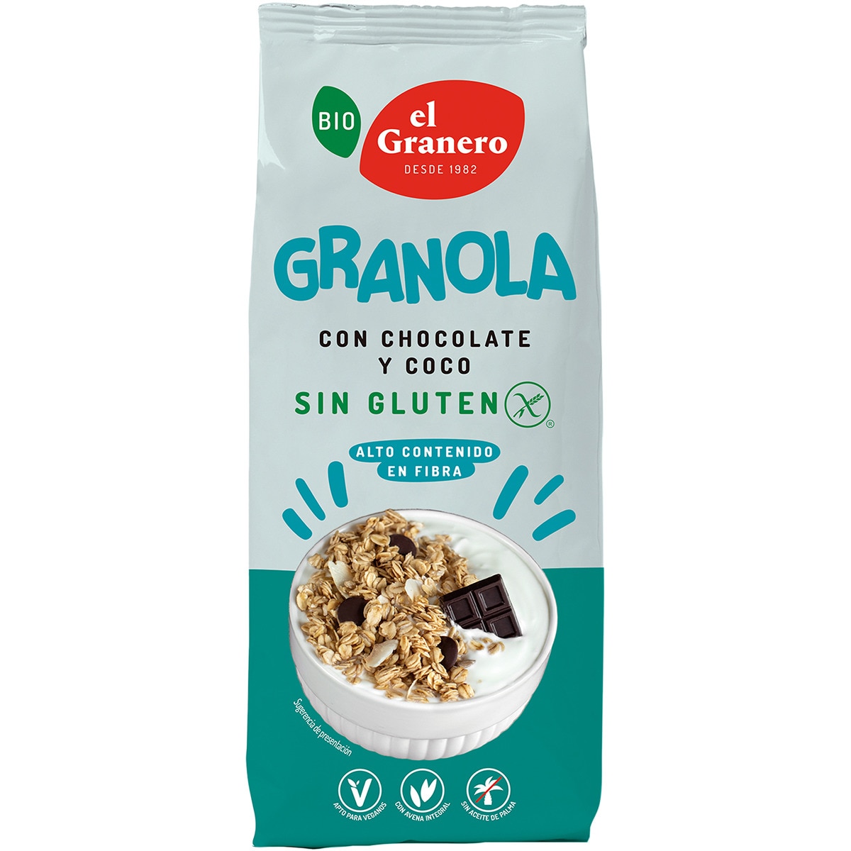 Bio granola con chocolate y coco ecológica y sin gluten bolsa 350 g