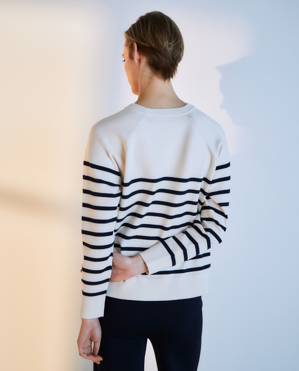 Camisola de Malha às Riscas com Botões nos Ombros Branco-3