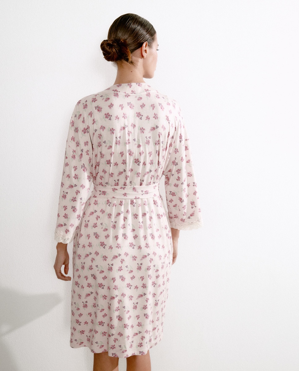 Robe de Estampado Floral com Cinto com Detalhes de Renda Rosa-2
