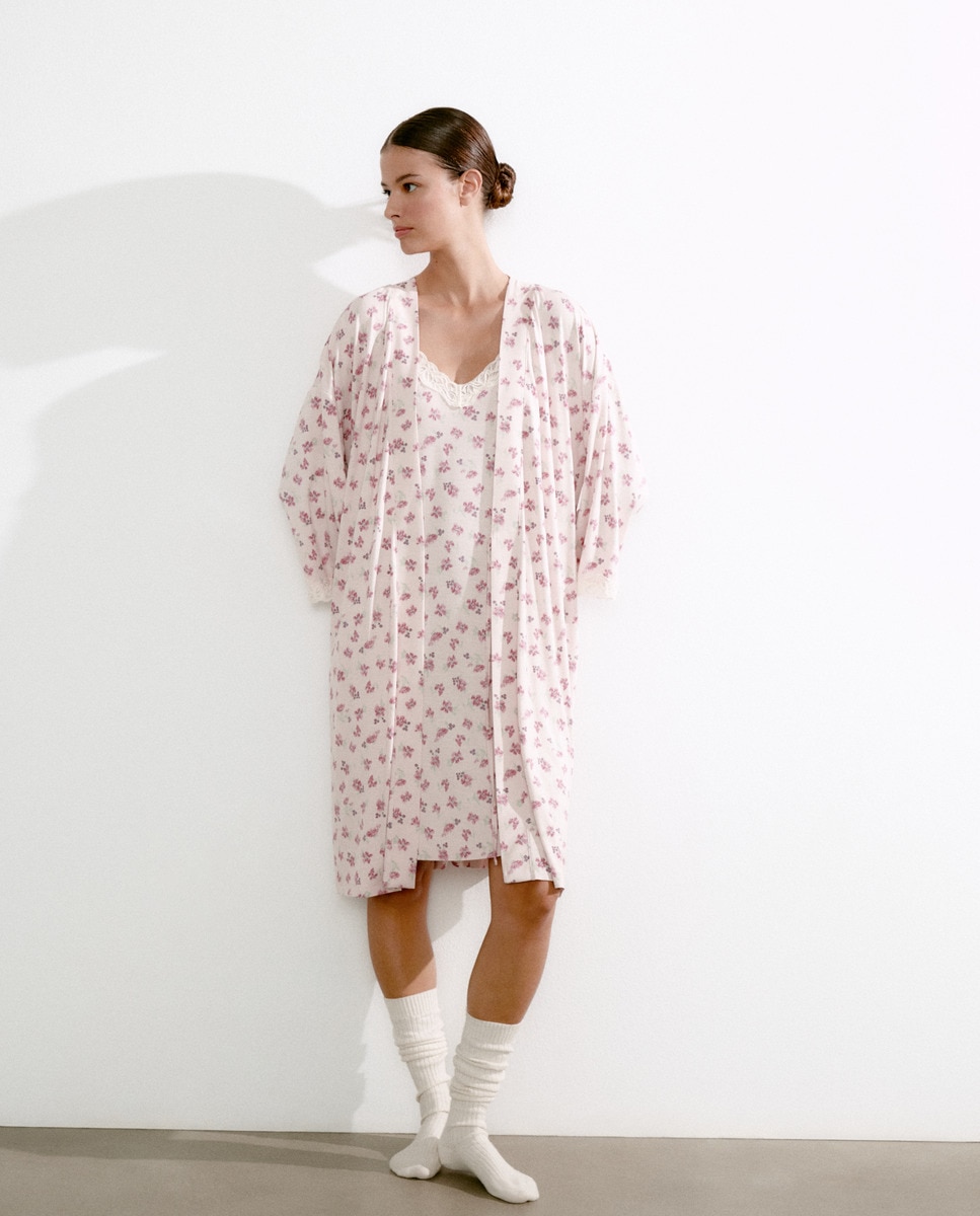 Robe de Estampado Floral com Cinto com Detalhes de Renda Rosa-1