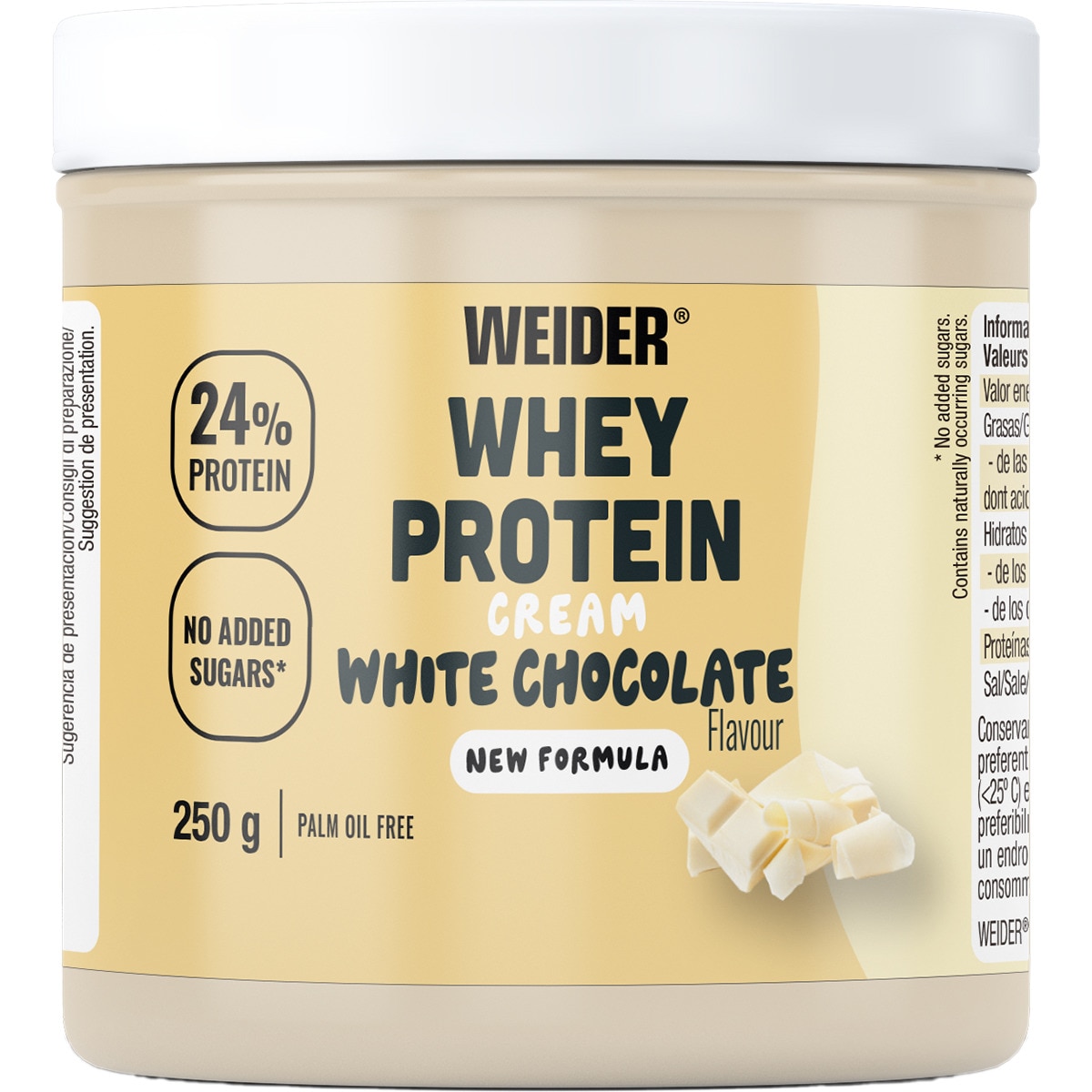 Whey Protein crema para untar con sabor a chocolate blanco sin gluten bote 250 g sin aceite de palma y baja en azúcares