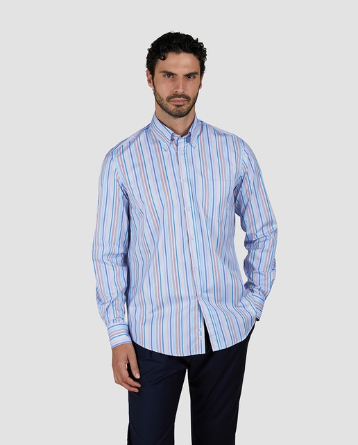 Imagem 0 de Camisa Tamanhos Grandes às Riscas com Manga Comprida e Botão na Ponta da Gola