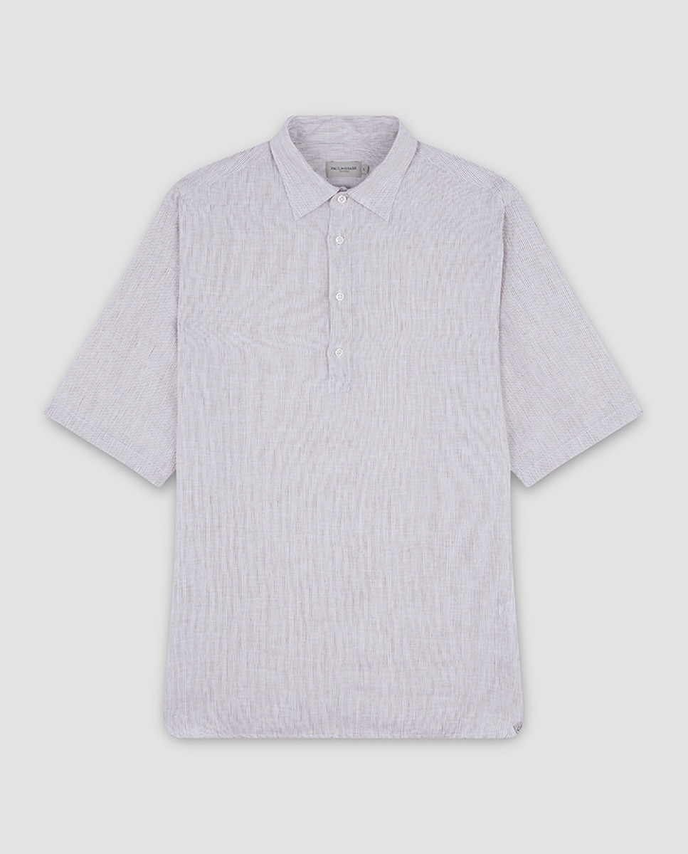 Camisa Tamanhos Grandes Tipo Polo de Linho com Manga Curta Bege-4