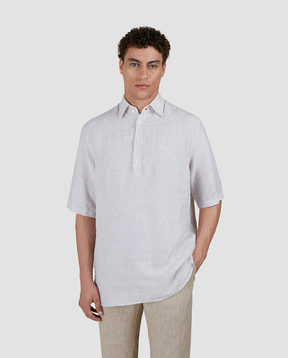 Camisa Tamanhos Grandes Tipo Polo de Linho com Manga Curta Bege-1
