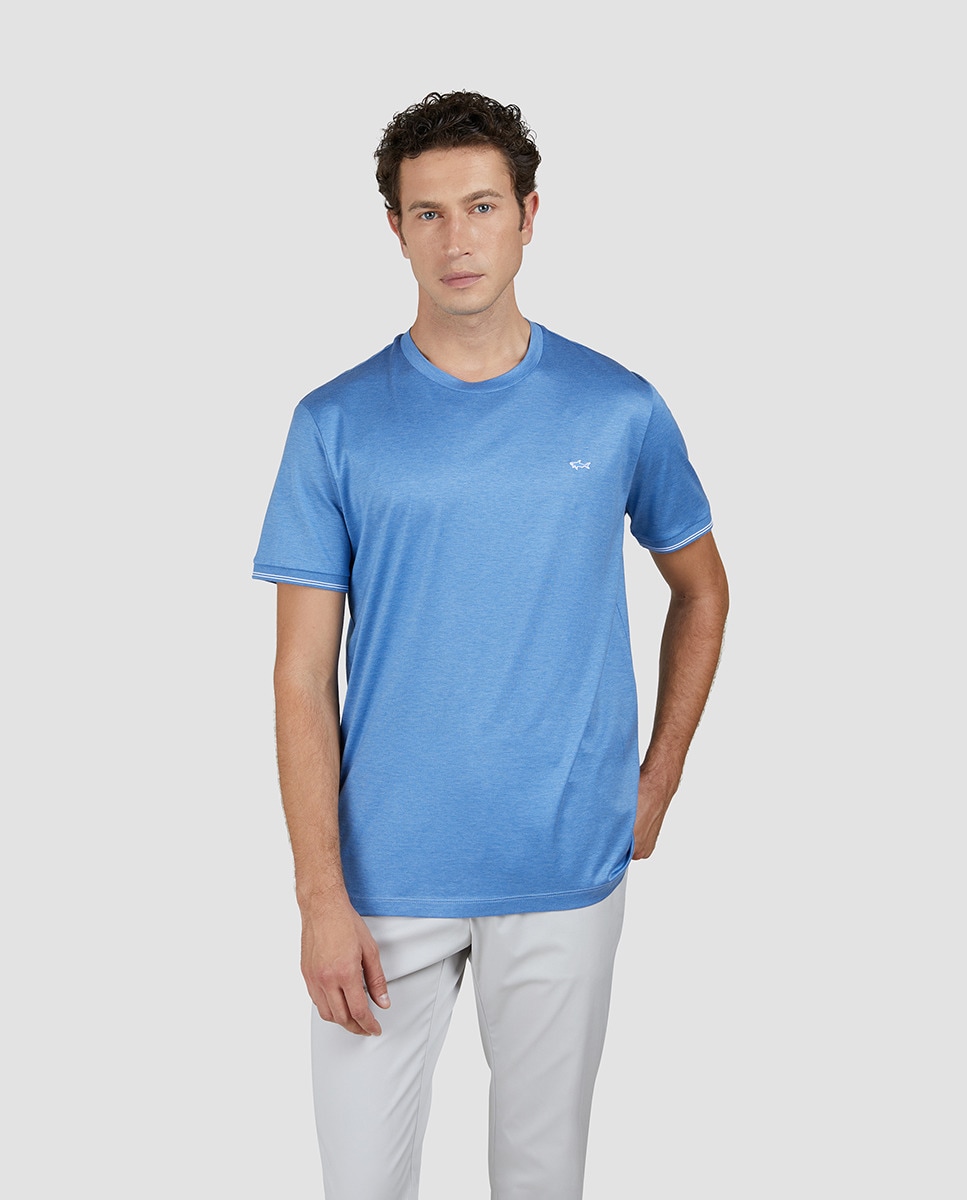 T-shirt Tamanhos Grandes de Manga Curta com Vivos nas Mangas e Logótipo no Peito Azul-1