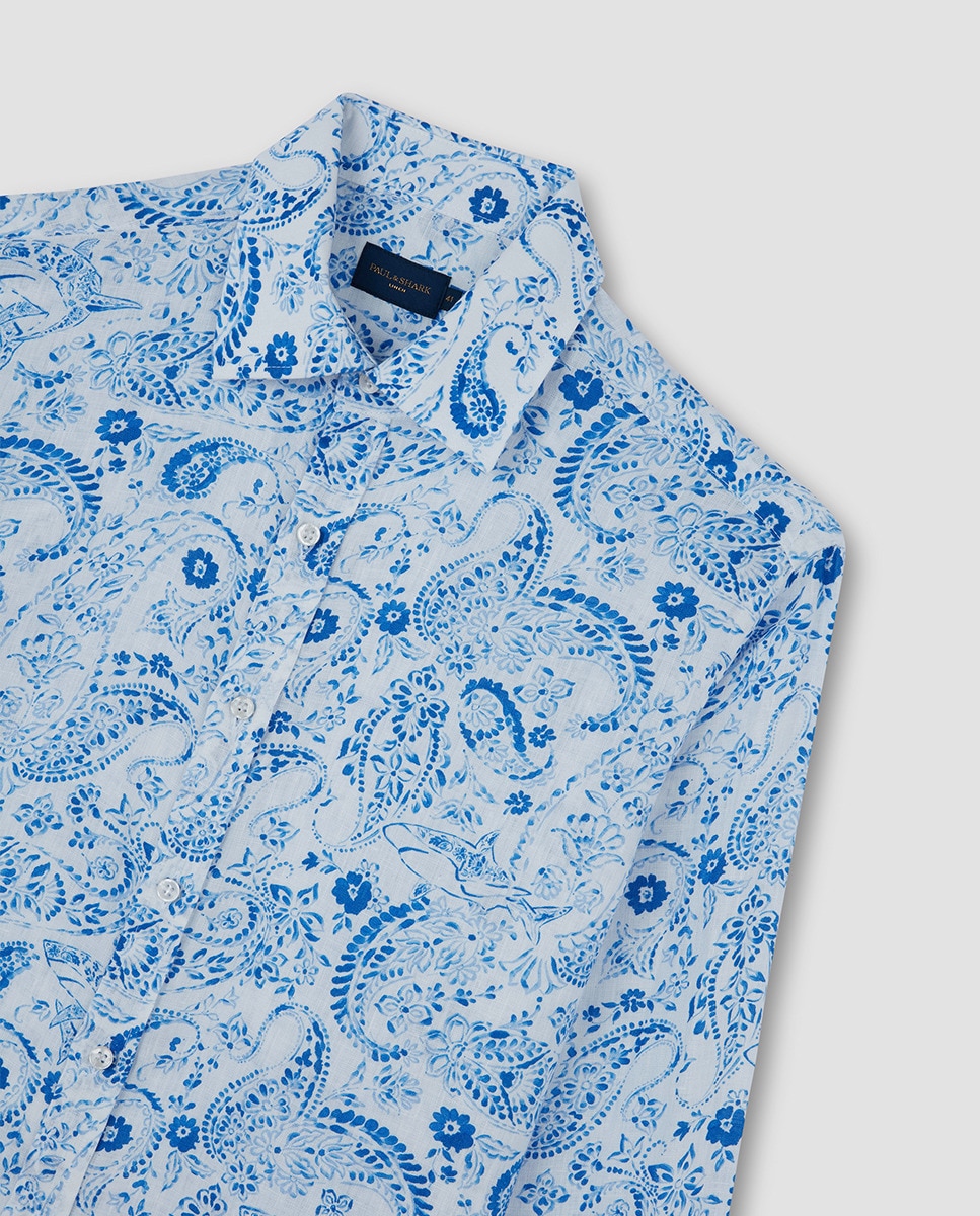 Camisa de Linho com Estampado Floral Branco-5