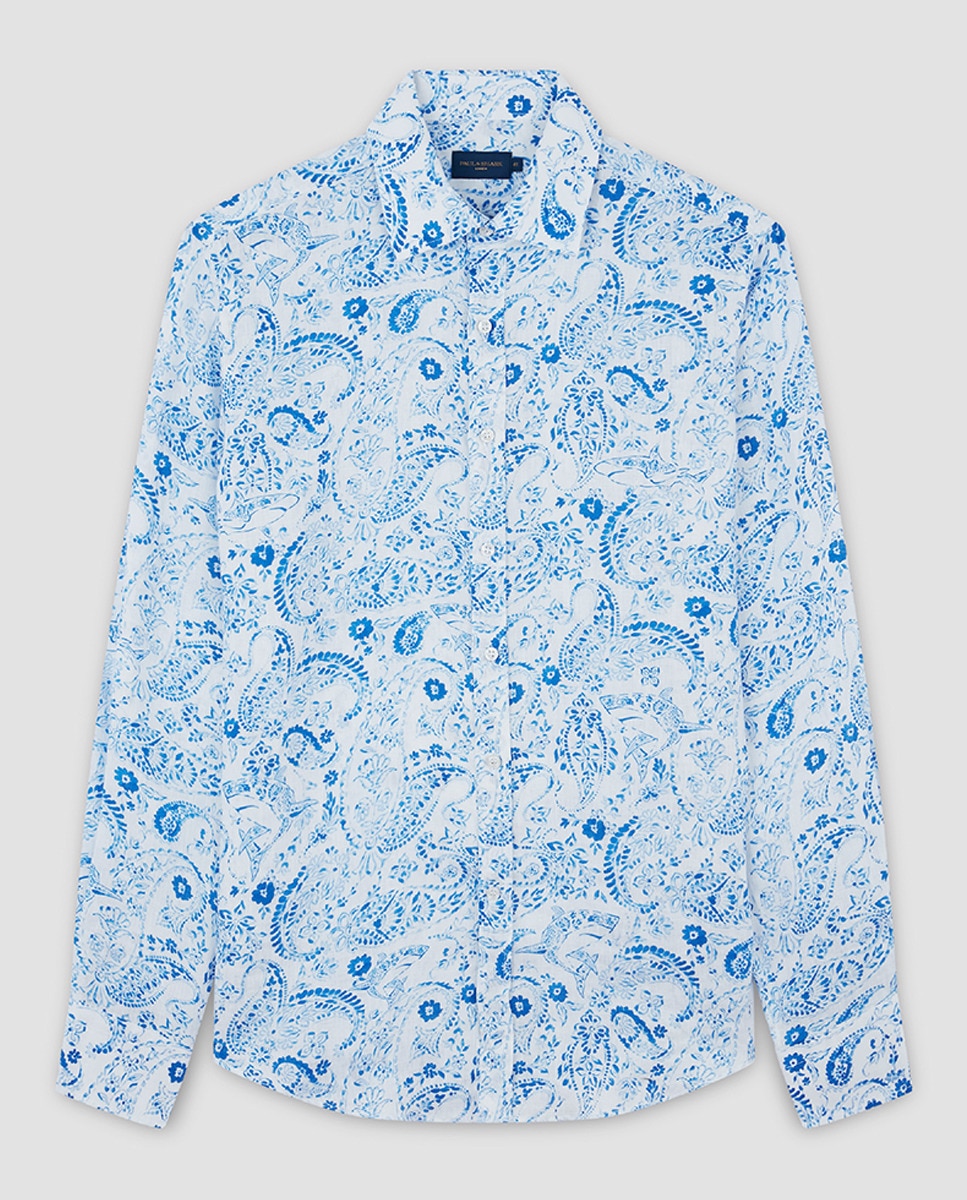 Camisa de Linho com Estampado Floral Branco-4