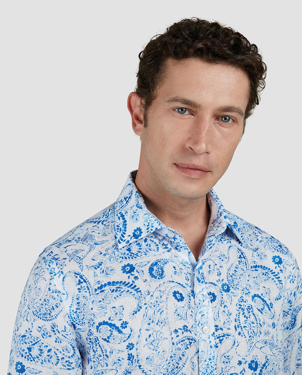 Camisa de Linho com Estampado Floral Branco-3