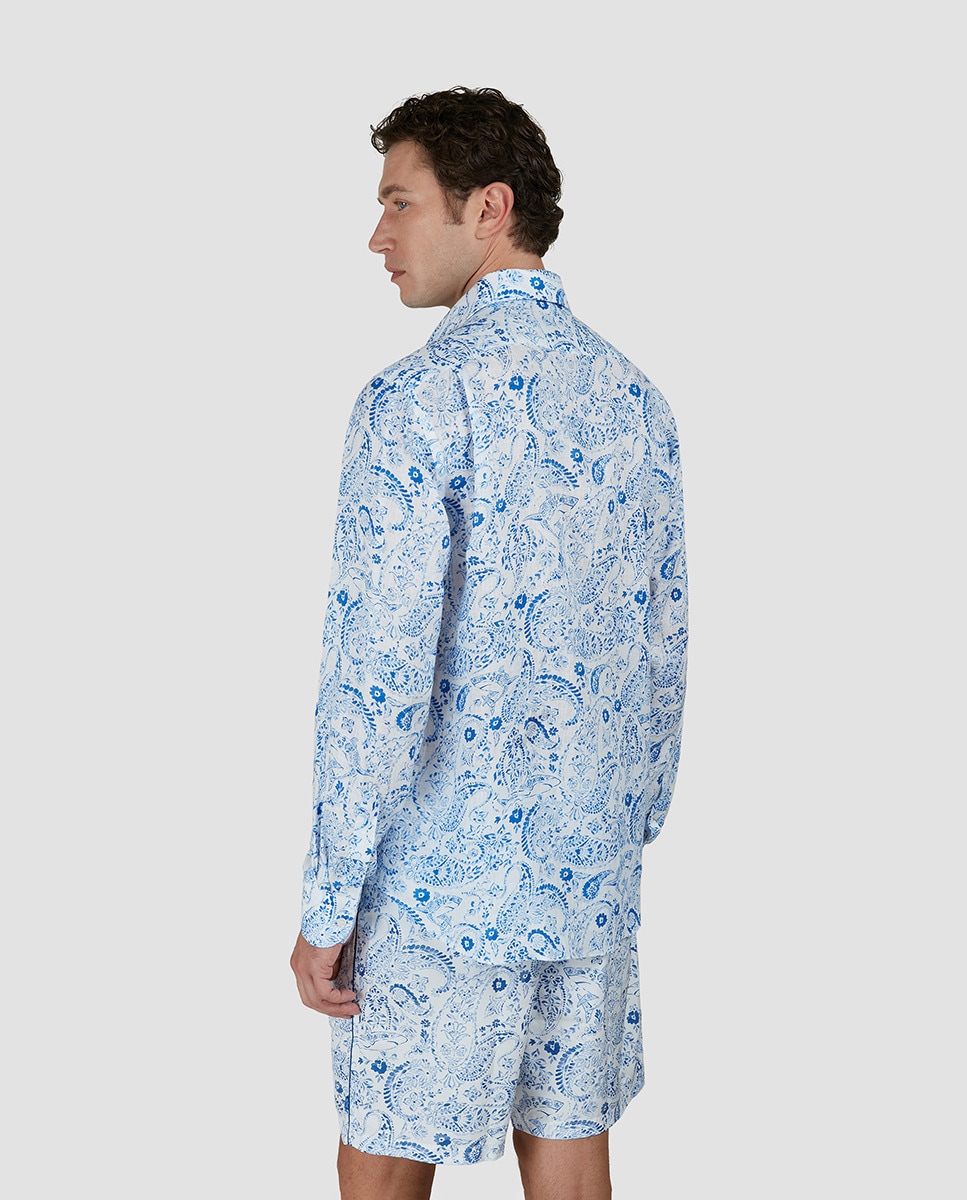 Camisa de Linho com Estampado Floral Branco-2