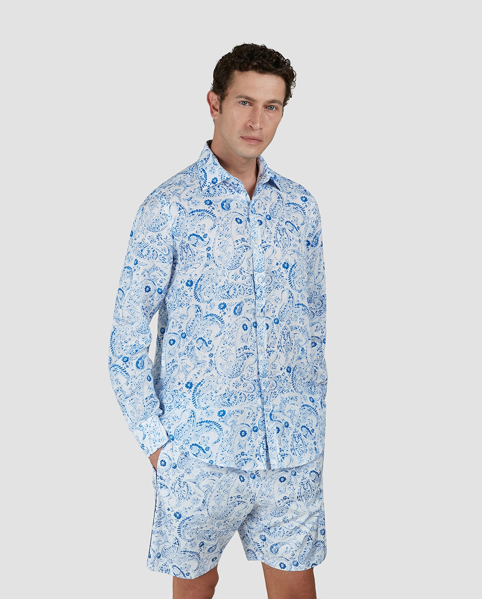 Camisa de Linho com Estampado Floral Branco-1