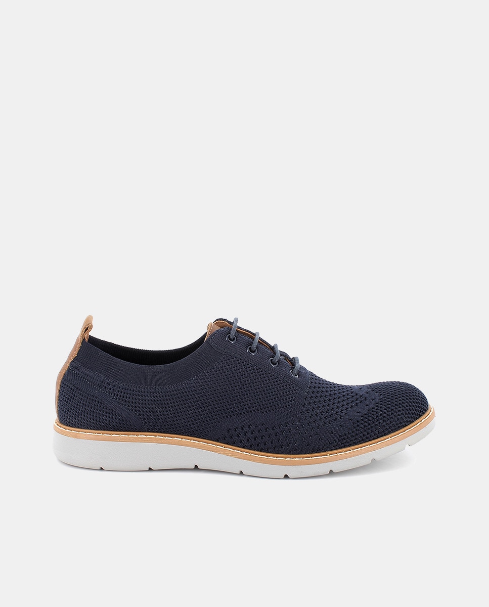 Sapatos de Atacadores com Parte Superior em Tecido e Pele e Palmilha em Pele - Azul Azul-escuro-1