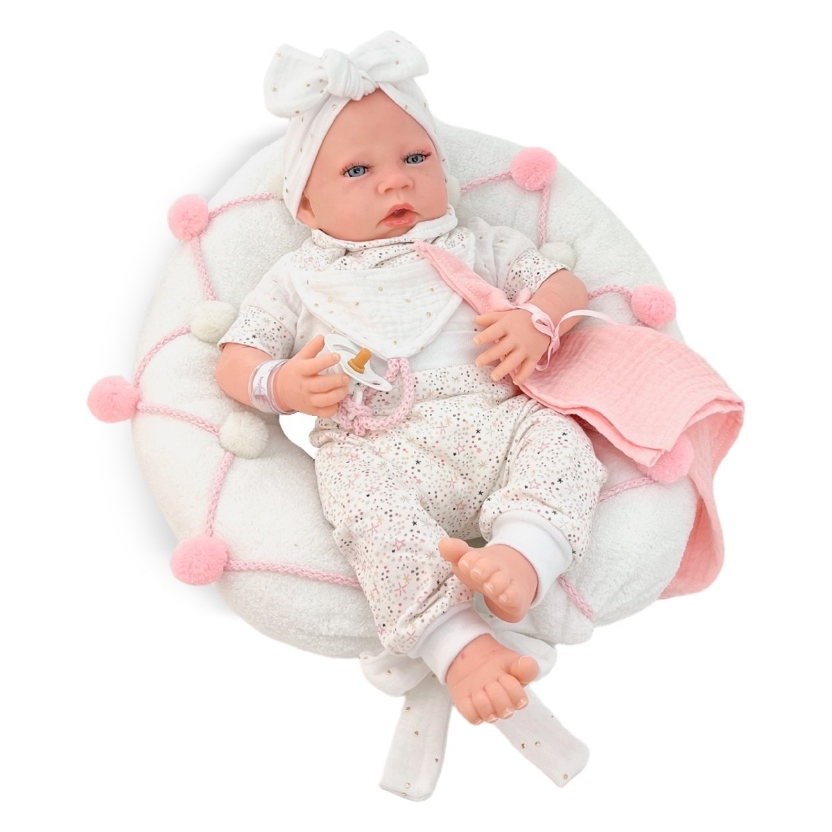 Imagem 0 de Boneca Reborn 50 cm com Roupa Branca Estampada e Mecanismo Real