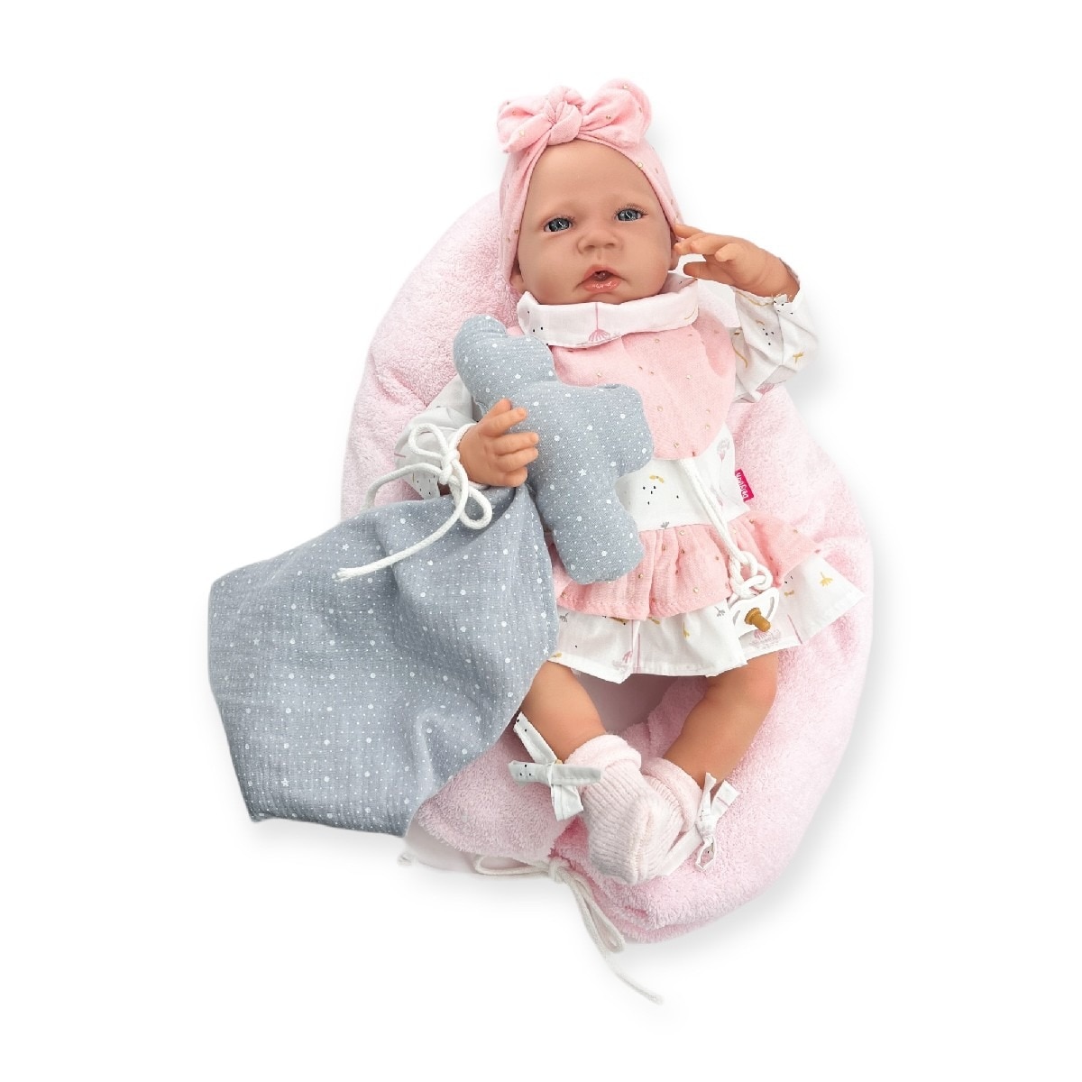 Imagem 0 de Bebé Reborn com Vestido Branco e Laço Rosa e Mecanismo de Choro
