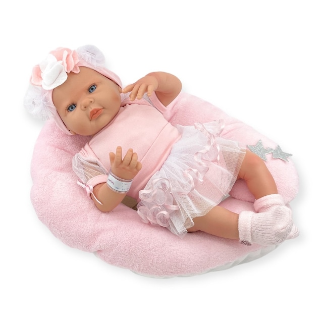 Imagem 0 de Reborn bailarina Tule Branco Mecanismo de Beijo e Maquiagem Almofada Rosa 50cm