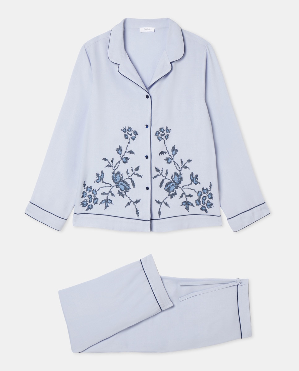 Pijama Camiseiro com Bordado Floral 400 Azul-3