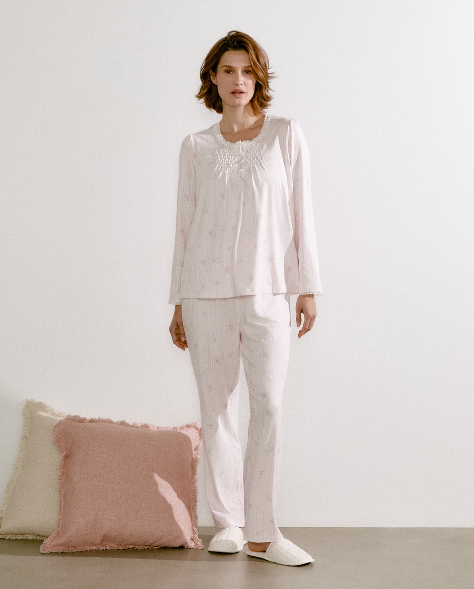 Pijama Tipo Camiseiro com Estampado e Pregas Rosa-1