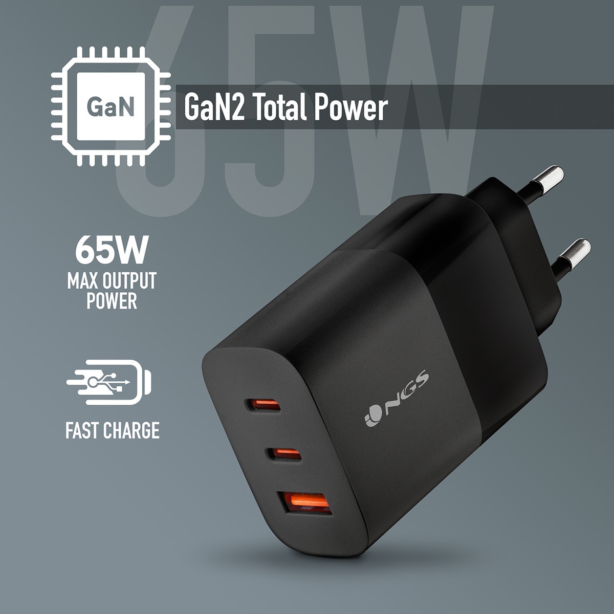 Cargador NGS BUD 65W 2xUSB-C GaN Negro-5
