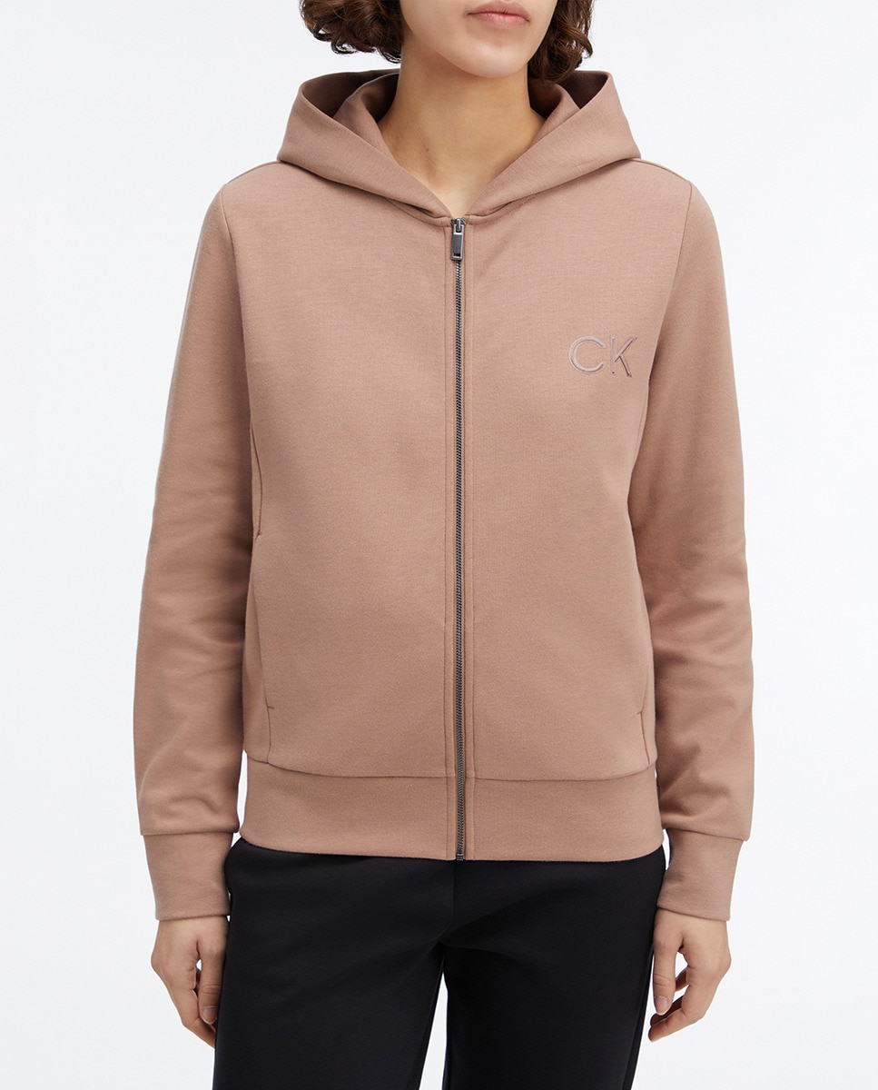 Sweatshirt de mulher com fecho de correr e logótipo Castanho-claro-1