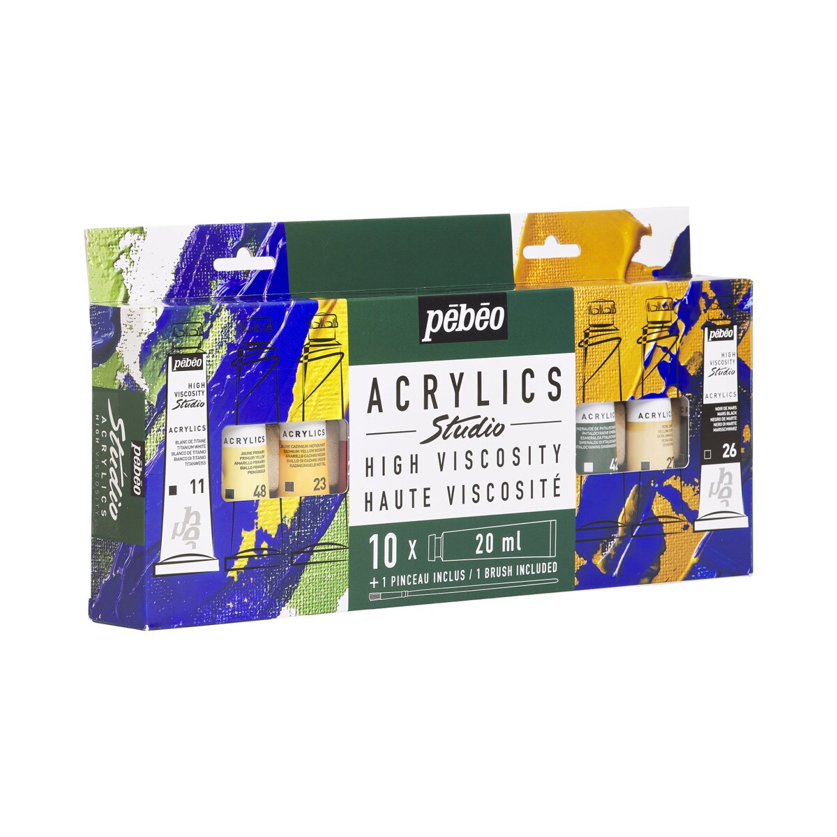 Pack studio Acrylics 10 tubos 20ml surtidos con brocha Pebeo 4