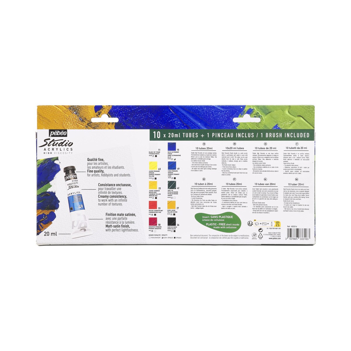 Pack studio Acrylics 10 tubos 20ml surtidos con brocha Pebeo 3