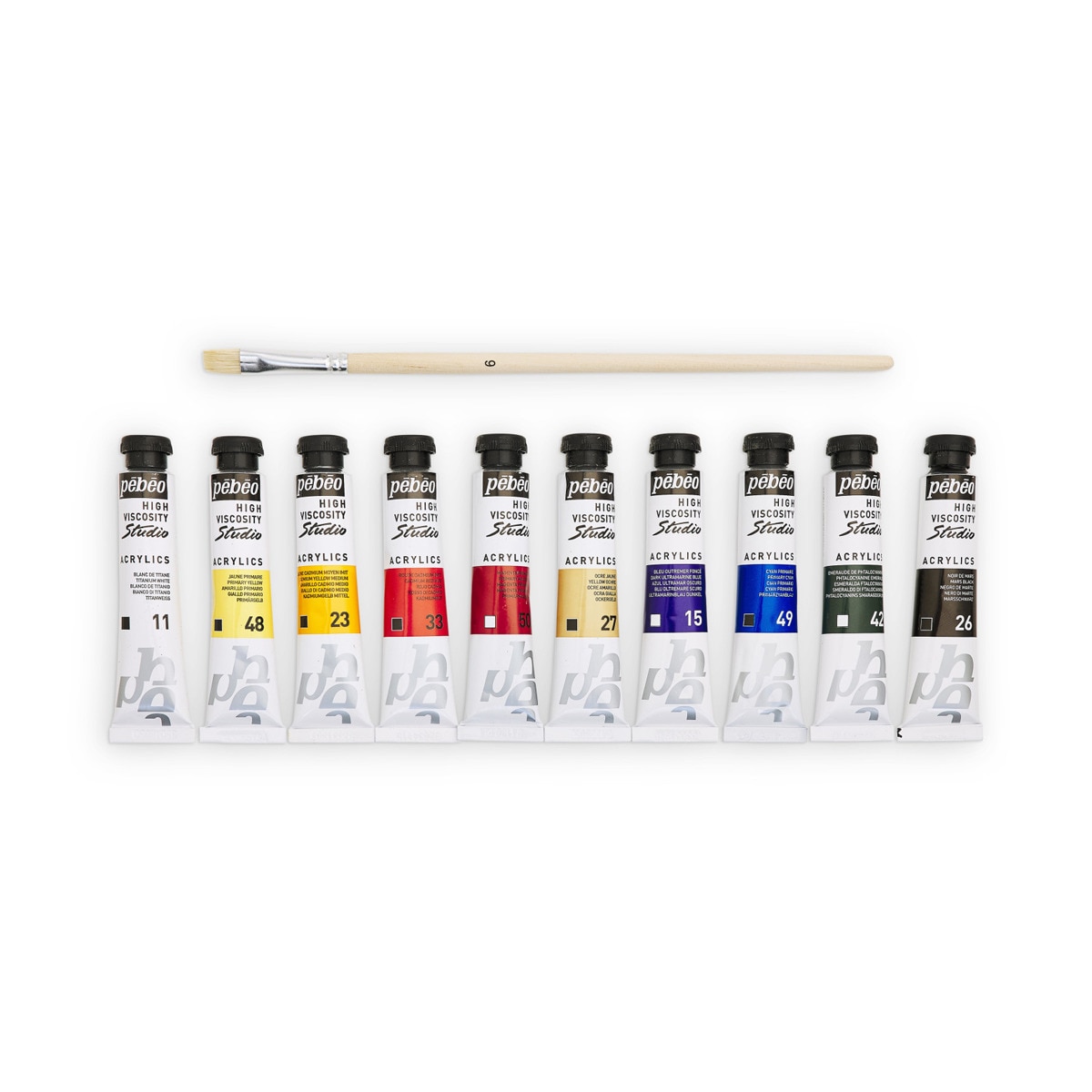 Pack studio Acrylics 10 tubos 20ml surtidos con brocha Pebeo 2