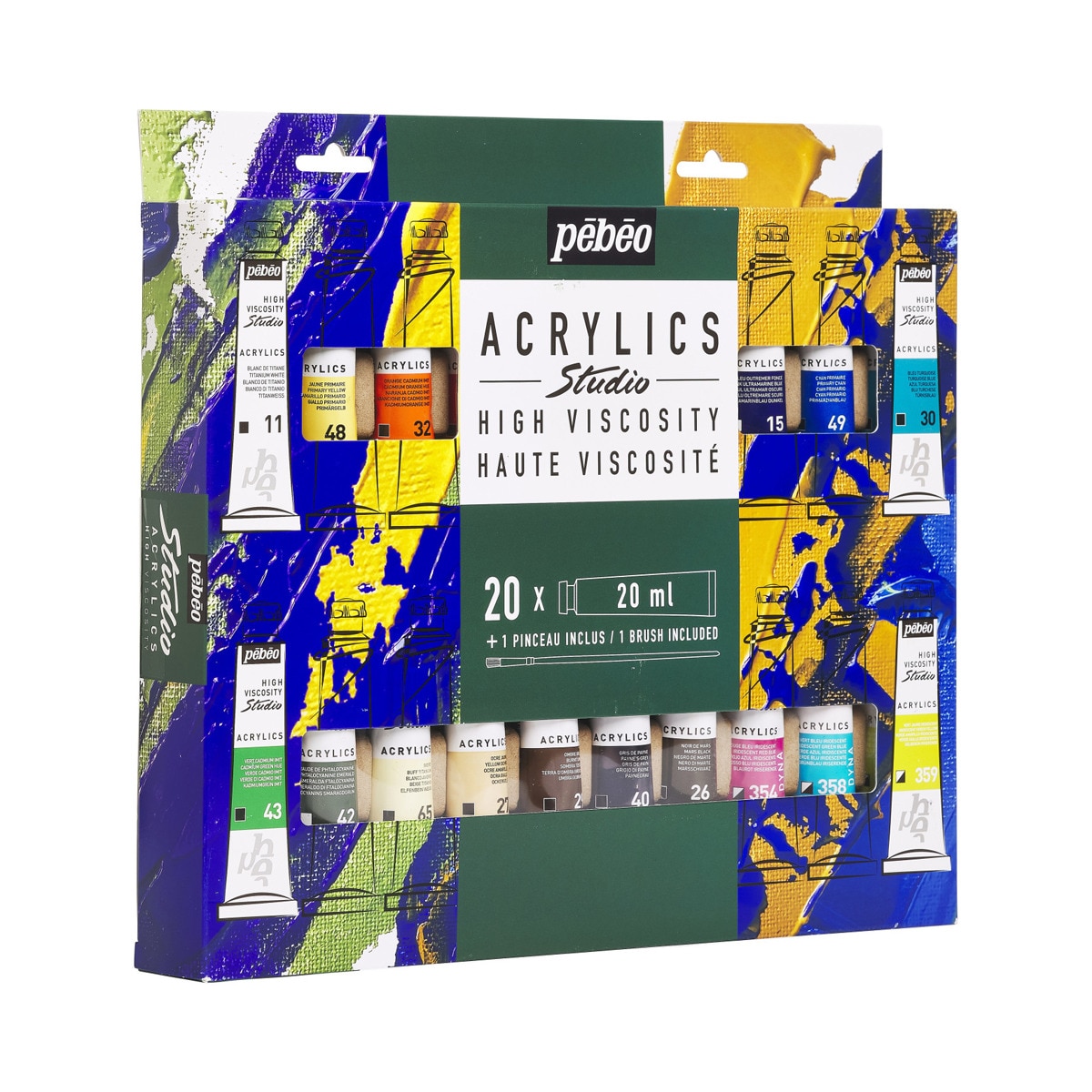 Pack 20 tubos studio Acrylics 20ml surtidos con brocha Pebeo 4