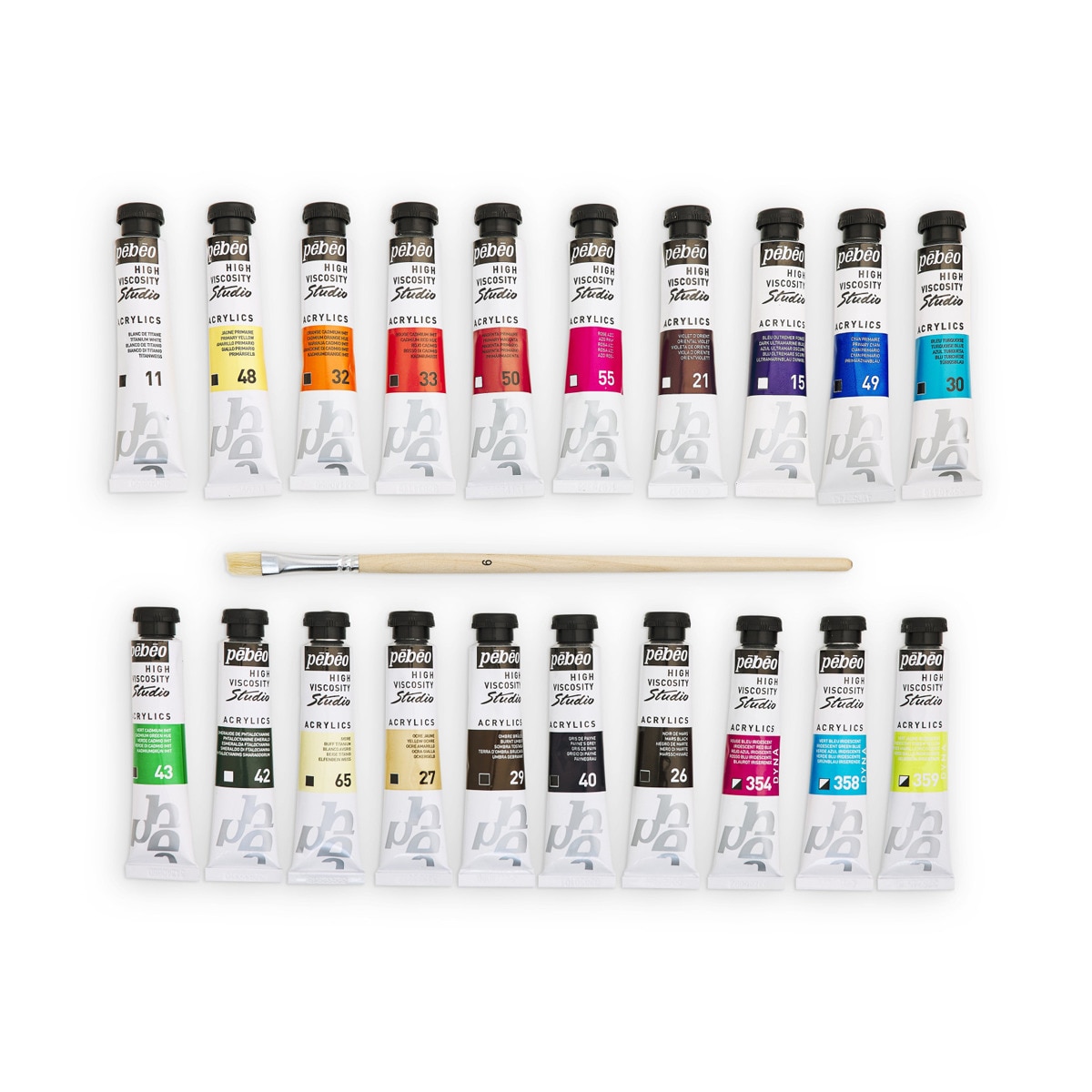 Pack 20 tubos studio Acrylics 20ml surtidos con brocha Pebeo 3