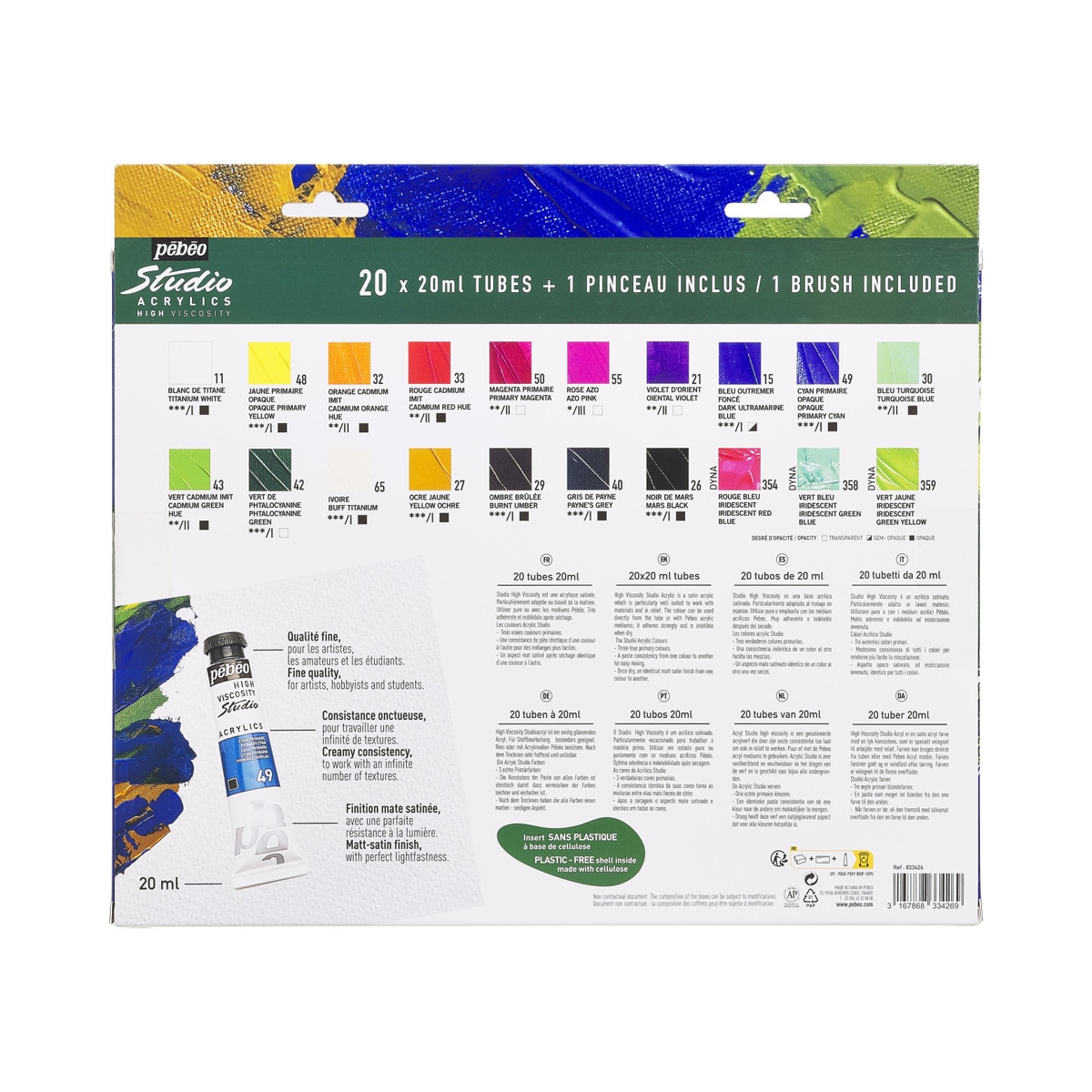Pack 20 tubos studio Acrylics 20ml surtidos con brocha Pebeo 2