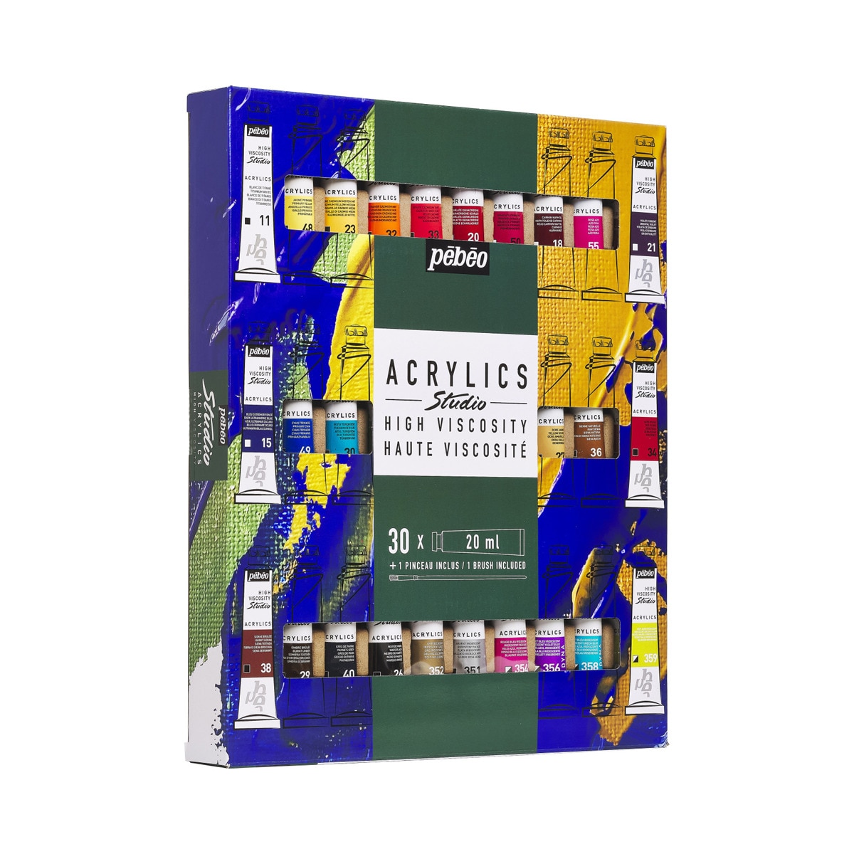 Pack de 30 tubos studio Acrylics 20ml surtidos con brocha Pebeo 4