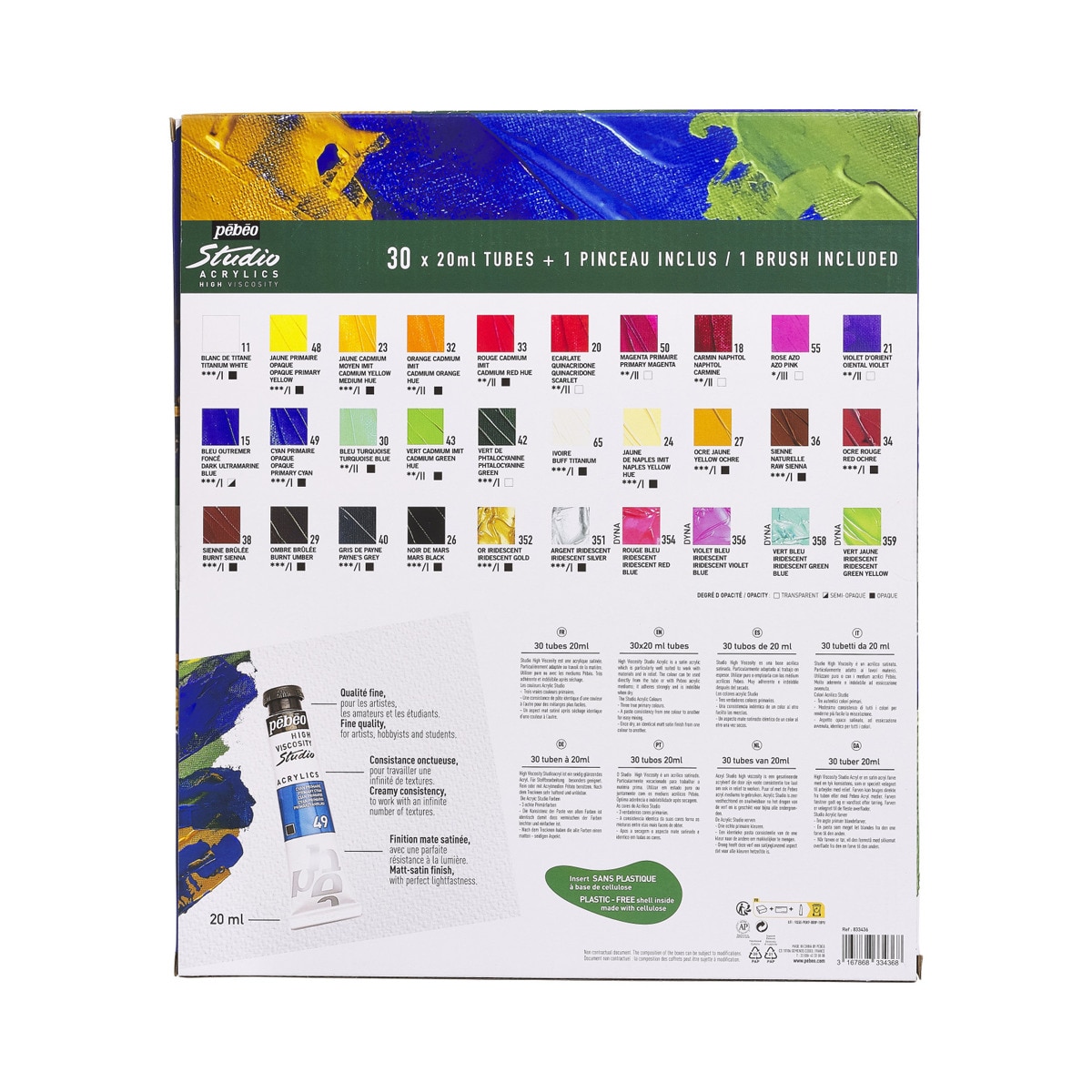 Pack de 30 tubos studio Acrylics 20ml surtidos con brocha Pebeo 2