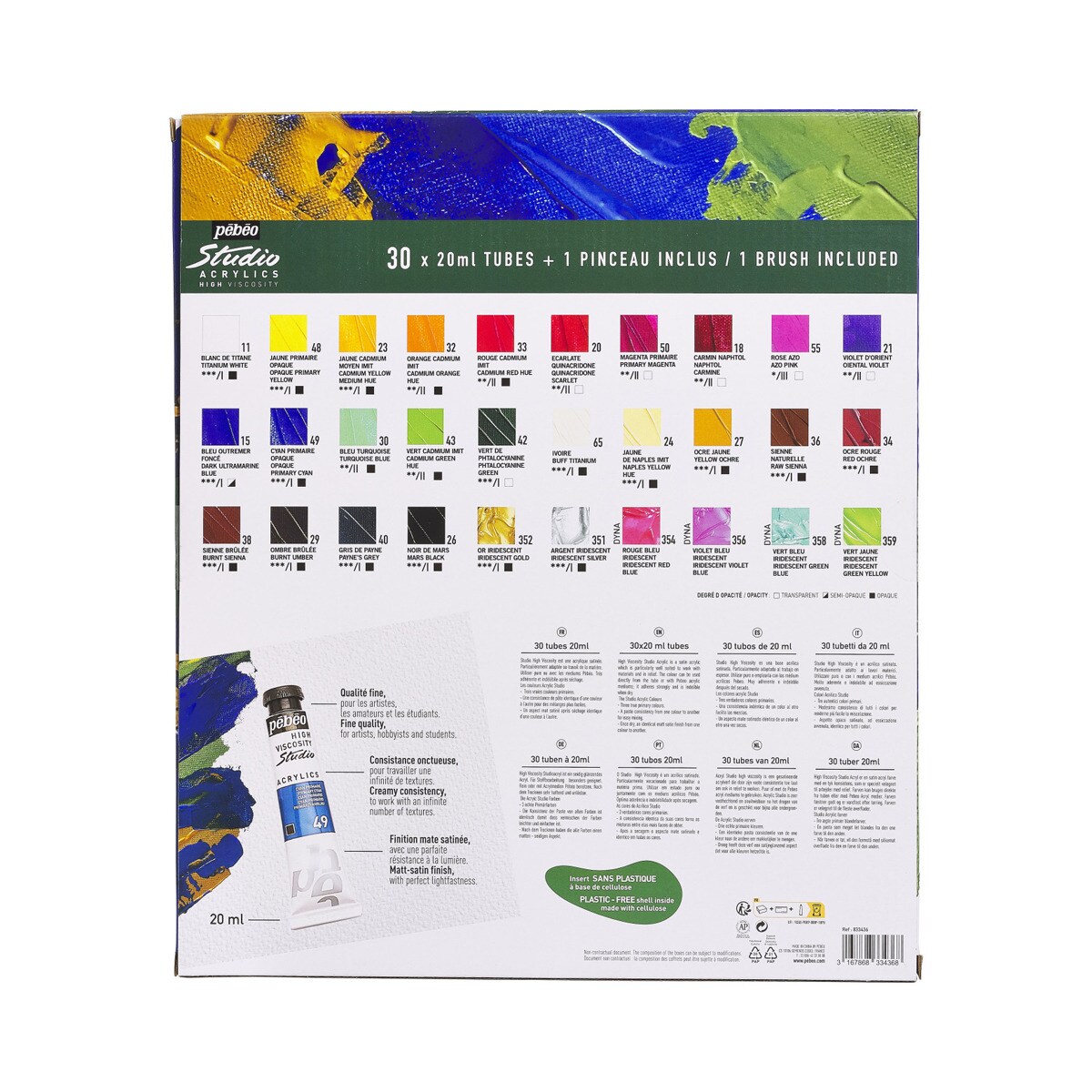 Estuche studio Acrylics 30 tubos 20ml surtidos con brocha Pebeo 2