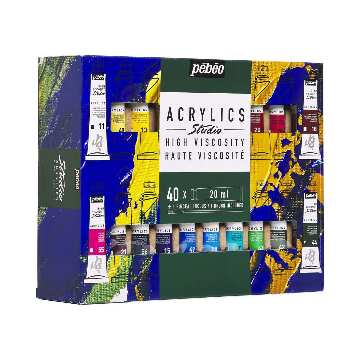 Pack de 40 tubos studio Acrylics 20ml surtidos con brocha Pebeo 4
