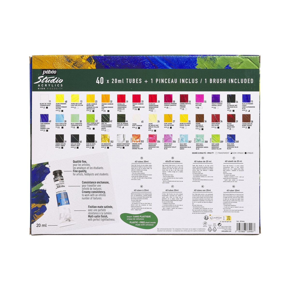 Pack de 40 tubos studio Acrylics 20ml surtidos con brocha Pebeo 2