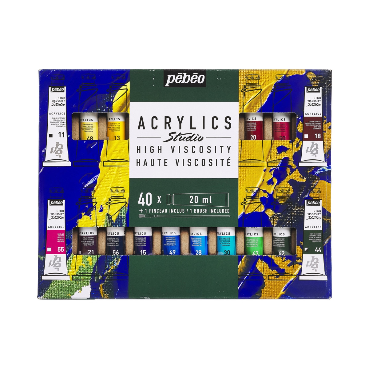 Imagen 0 de Pack de 40 tubos studio Acrylics 20ml surtidos con brocha Pebeo