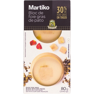 bloc de foie gras de pato cocido con 30% de trozos 2 medallones x 40 g sin gluten envase 80 g - Martiko