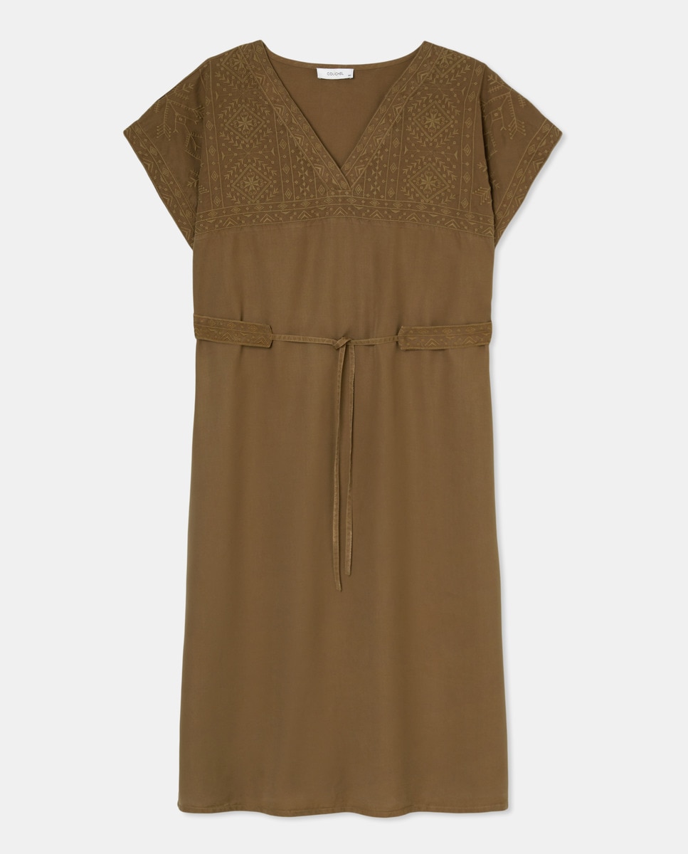 Vestido Tipo Túnica de Lyocell com Bordado 520 Caqui-4