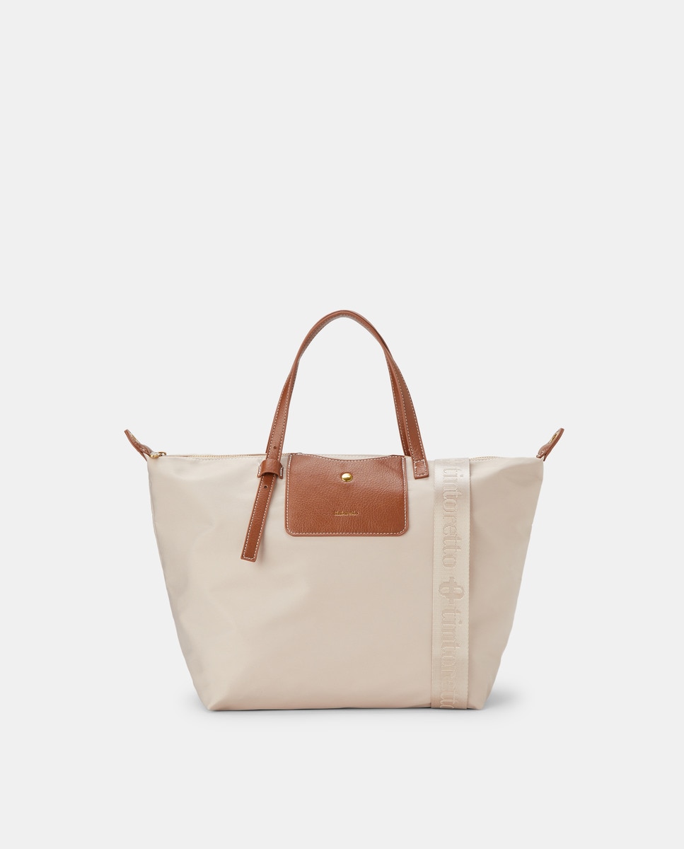 Mala Shopper de Nylon com Várias Alças Bege-1