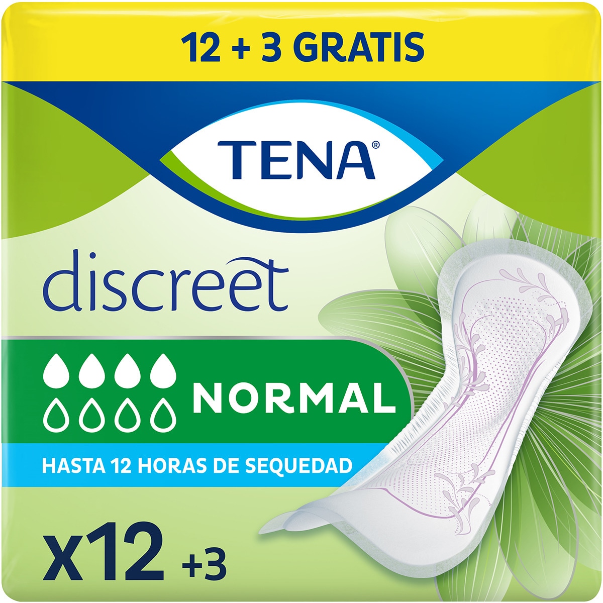 Discreet compresa de incontinencia normal bolsa 12 unidades + 3 unidades gratis
